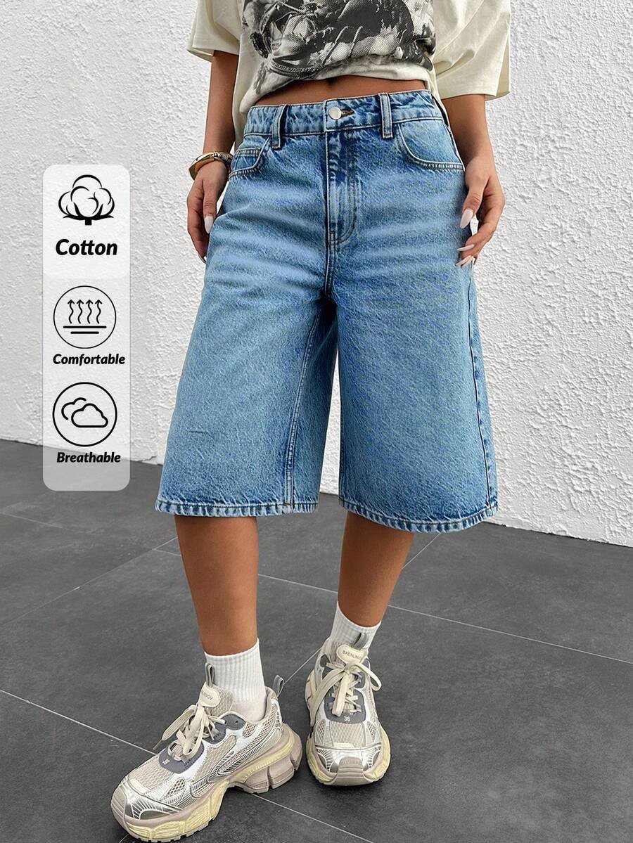 CasuGlow QUẦN SHORT DENIM BERMUDA CẠP THẤP - Màu xanh lam - Xem 1