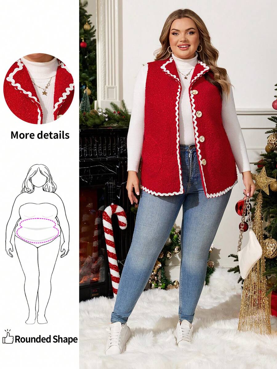 Enliva Chaleco rojo de talla grande para mujer para otoño/invierno, chaqueta con detalles de bolsillo de color contrastante, para silueta redondeada tipo manzana - Rojo - Ver 1