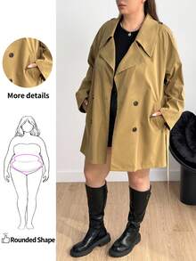Enliva Abrigo de trinchera con cinturón y cuello para tallas grandes, para otoño/invierno - Caqui - Ver 1