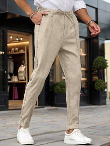 Manfinity Mode Pantalones formales de unicolor y corte entallado para hombre, otoño - Caqui - Ver 3