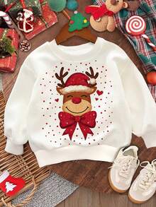 SHEIN Model minimalist casual de Crăciun cu reni drăguți, buline roșii, alb crem, stil balet la modă, moale și drăguț, festiv, hanorac tricotat confortabil cu mânecă lungă, cu guler rotund lejer, potrivit pentru toamnă/iarnă, ieșiri de Crăciun