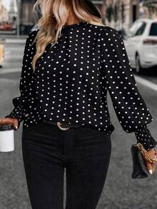 Auvina Women's Woven Casual Polka Dot Autumn Shirt - Black - View 1