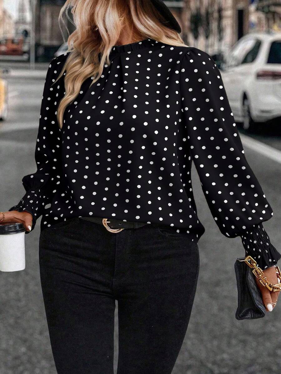 Auvina Women's Woven Casual Polka Dot Autumn Shirt - Black - View 1