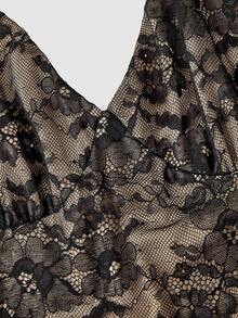 SHEIN MOD Women's Black Lace Patchwork Flare Elegant Halter Jumpsuit, Elegant Jumpsuit For Women, Elegant Outfit For Party, Black Club Outfit, Sexy Date Night Outfit, Lace Jumpsuit, Bodycon Jumpsuit,Spring Outfit Women - Black - View 4