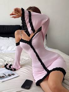 Napfluff 性感V领长袖露肩蕾丝拼接女士睡裙，冬季 - 粉色 - 查看 3