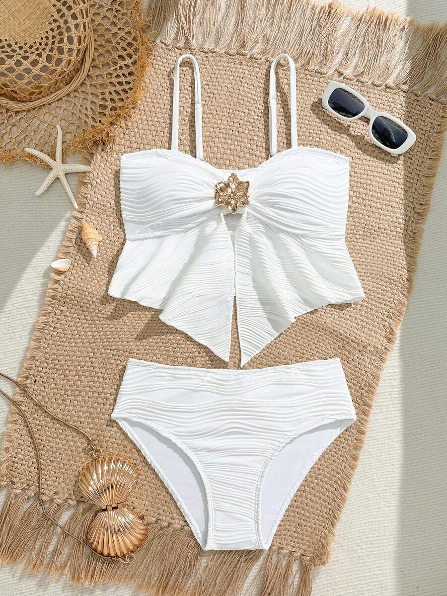 SHEIN Tween Girls Floral Print Spaghetti Strap Bikini 2-Piece Swimsuit, Spring/Summer Seashell Bathing Suit Swimsuits For Teen Girls White High Waist Swimsuit Set White Bikini Set Bathing Suit Sets 3 Piece Bikini Set Modest Bikini Set Girls Two Pieces Bathing Suit Beachwear For Tweens Two Pieces Set Swim Suites Two Pieces Longer Top Teens Tankini For Tweens Kids Tankini White High Waist Bikini Modest Bikini Set Petite Swimwear Bathing Suit Set Summer Two Piece White Swimsuit 2 Piece Bikini Set - White - View 1
