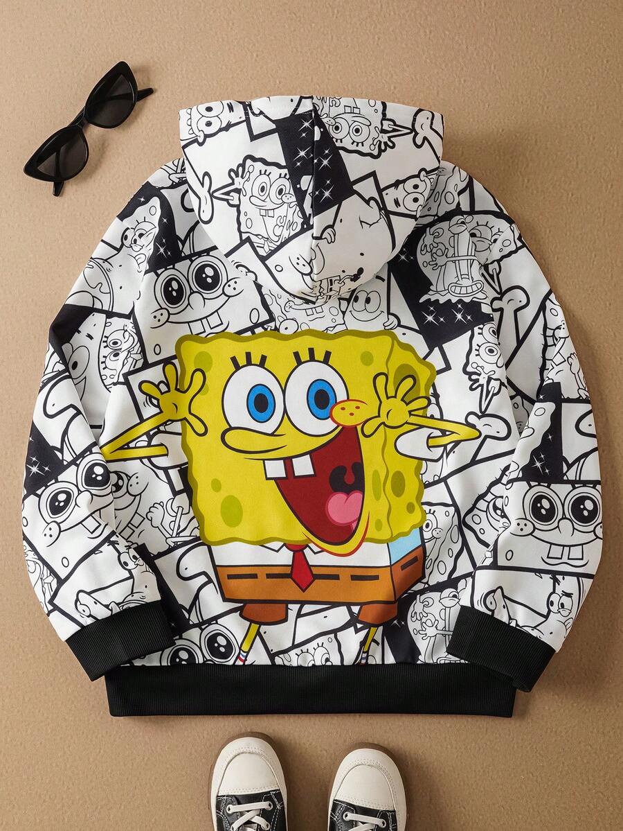 SpongeBob SquarePants | SHEIN Tween Boy Black & White Cartoon All-Over Print Loose Fit Drop Shoulder Sweatshirt, Autumn/Winter