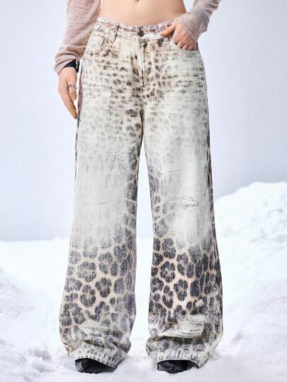 Grunge Punk Jeans larges à taille basse, lâches et à jambes évasées, avec un dégradé léopard, dans le style mode de rue Y2K pour femmes
