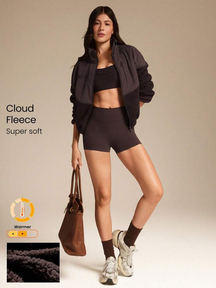 Chaqueta con cremallera de dos tonos con dobladillo con cordón, bolsillos laterales con cremallera, de felpa tipo nube, para uso diario y casual en otoño e invierno