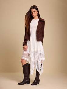 Daringsoles 方头低跟西部刺绣套穿式冬季保暖性感派对女士中筒靴，棕色PU皮革 - 咖啡棕 - 查看 8