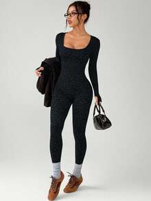 SHEIN Dewbera Women's Seamless Leopard Print Long Sleeve Jumpsuit - Multicolor - View 5