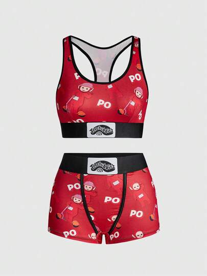 Teletubbies X ROMWE Damen Mode Cartoon Muster Rückenfreier BH und Panty Set