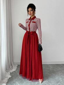 Elenzga Váy chữ A dài tay vải lưới tương phản lãng mạn thanh lịch có cổ áo sơ mi - Đỏ - Xem 5