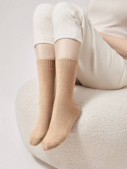 LUVLETTE 1/6 Pairs Thickened Thermal-Lined Women's Socks, Solid Color Ribbed Mid-Calf Socks, Simple & Versatile For Casual Outings In Winter