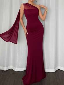 Firerie Women's Elegant Romantic Fashion Commuter Sexy Elegant Style Asymmetrical Neck Bodycon Maxi Dress, Suitable For Party, Beach Vacation, Back To School, Romantic Date, Wedding Season, Birthday, Easter, Spring/Summer Dress Formal Dresses For Wedding Guest,Wedding Guest Dress - Burgundy - View 2