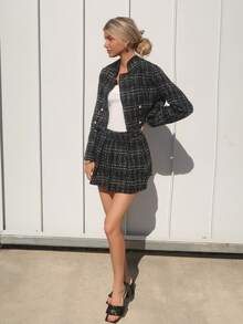 Sydney Algeri 女士优雅格子双排扣短款夹克和百褶裙两件套，适合春秋季 Y2K 服装