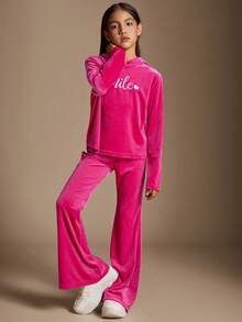 Radiana 2pcs/Set Tween Girls Loose Casual Simple Soft Hoodie Top With Letter Embroidery And Pants Outfit - Hot Pink - View 7
