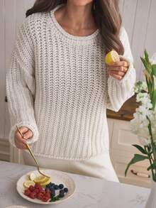 Louniche Áo len dệt kim dáng rộng cổ tròn tay dài dành cho nữ, mùa thu/đông - Màu be - Xem 5