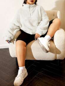 SHEIN EZwear 大码女式休闲日常通勤简约纯色半拉链插肩宽松抓绒卫衣，秋冬款 - 米色 - 查看 3