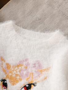 女婴卡通图案圆领长袖套头毛衣，秋冬季 - 白色 - 查看 4