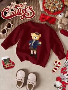 SHEIN Suéter informal de cuello redondo con estampado de oso para niña, otoño/invierno - Burdeos - Ver 5