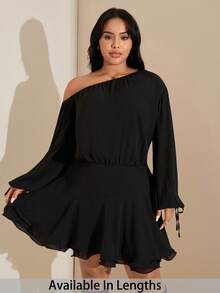 SHEIN Tall CURVE Váy ngắn tay đèn lồng cổ lệch, viền bèo nhún cỡ lớn cho nữ, thích hợp cho bữa sáng muộn, trang phục mùa thu, váy tiệc trà, trang phục Mardi Gras, ngày lễ tình nhân, lễ Phục sinh - màu đen - Xem 1