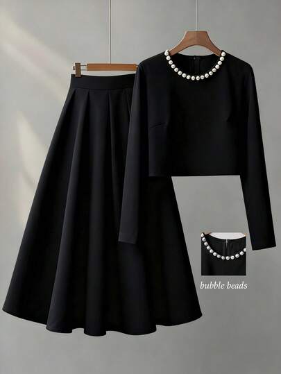 Franclia Women's Elegant Commuter Pearl Decor Blouse And Skirt Set