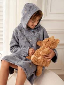 SHEIN 男童可爱宇航员和行星图案连帽长袖袋鼠口袋毛绒长睡衣，秋冬季 - 灰色 - 查看 3