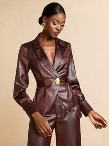 SHEIN Veneréa 光泽仿皮纹理缎面翻领长袖收腰不对称下摆优雅女士西装外套