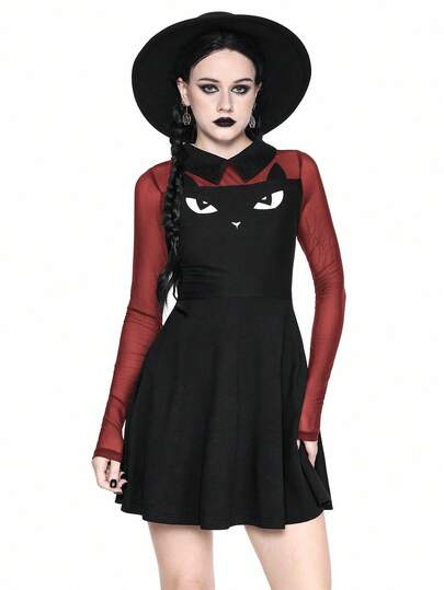 Goth Vestido de mujer con estampado gráfico de gato gótico lindo para Halloween