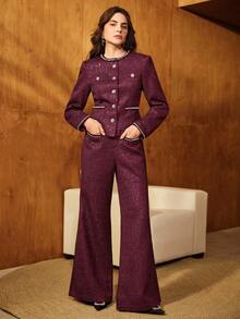 Anewsta Women's Vintage Round Neck Tweed Sequin Tassel Pearl Knit Elegant Metal Button Waist Long Sleeve Short Christmas Jacket - Burgundy - View 7