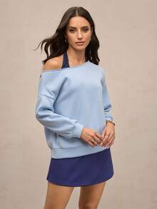 Activina 女士宽松不对称肩长袖套头卫衣 - 淺藍色 - 查看 3