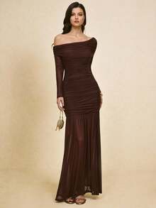 Poéselle Abito lungo elegante da donna con scollo asimmetrico e arricciature per occasioni di festa