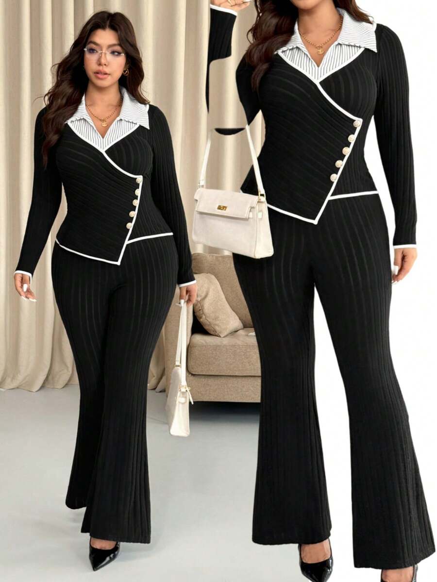 Vionelle 大码女式法式休闲优雅罗纹磨毛长袖上衣和裤子两件套，秋冬裤装套装，大码曲线办公室穿着两件套，女士优雅套装，女士套装 - 黑色 - 查看 1