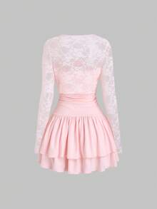 Sweetra Women's New Contrast Lace Tie Front Ruched Waist 2-Piece Set, Includes Sleeveless Dress And Lace Cardigan, Suitable For Party, Date, Vacation, Spring/Summer/Autumn