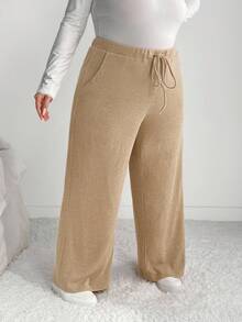 Enliva Melanieangelese Plus Size Women's Pants With Ribbed Pockets And Elastic Waist, For Apple Rounded Body Shape - Khaki - View 4