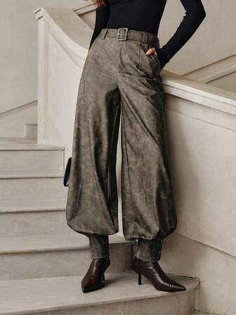 Anewsta Savoree Pantalones de farol de moda de PU para mujer, con cordón en el tobillo, para otoño