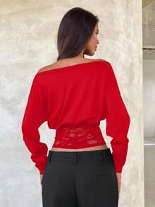 Aloruh Women's Casual Asymmetric Collar Long Sleeve Solid Color T-Shirts Red Long Sleeve Top - Red - View 7