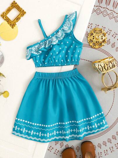 Baby Girls' Spring Middle Eastern Style Pattern Retro Print Spaghetti Strap Top + Contrast Color Retro Print A-Line Dress Shirt Set