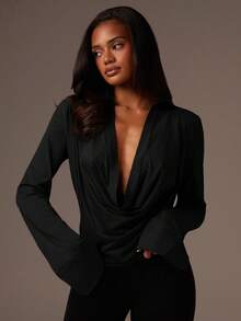 Athîral 女士纯色圆领时尚百搭长袖休闲衬衫 - 黑色 - 查看 1