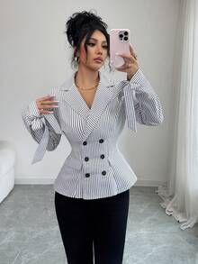 SHEIN Elenzya New Women's Shirt With Lapel Collar, Bow Decor, Long Sleeve, Woven Striped, Elegant For Daily Wear - Multicolor - View 6