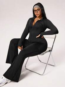 Rhythm Era Plus Size Women Solid Color Long Sleeve Zip-Up Jacket And Flare Pants Sports Suit Curve Athleisure Track Suit Plus Size Plus Active Wear Set