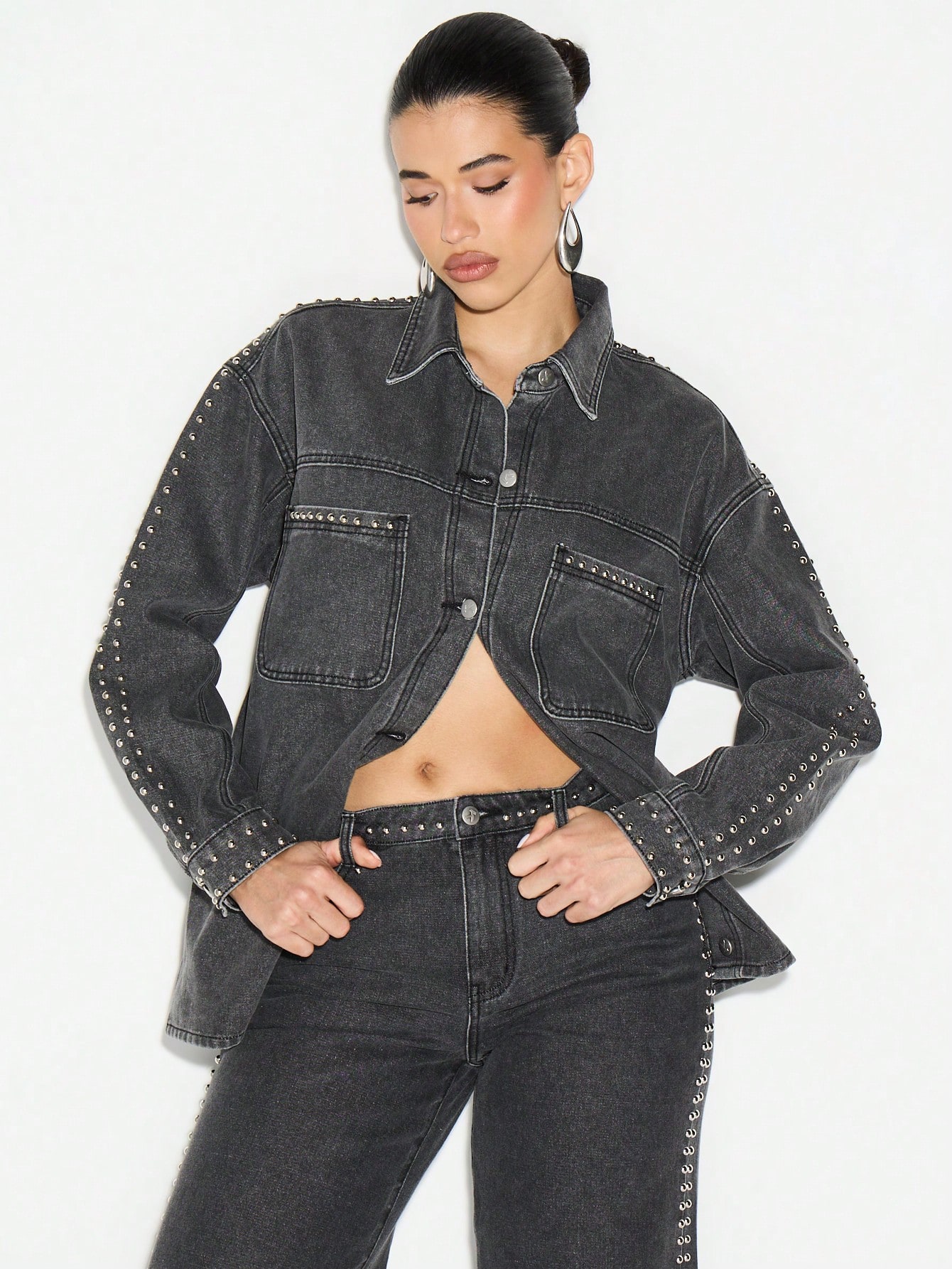 KIZN Studded Denim Shirt With Metal Eyelets