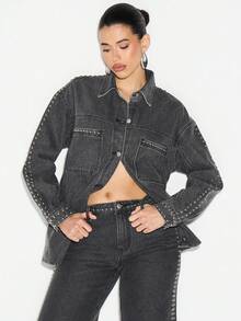 KIZN Áo sơ mi denim đính đinh tán cỡ lớn, chi tiết lỗ kim loại, tay dài, cài nút phía trước, cổ bẻ, phong cách đường phố sành điệu mùa thu đông - màu đen - Xem 1