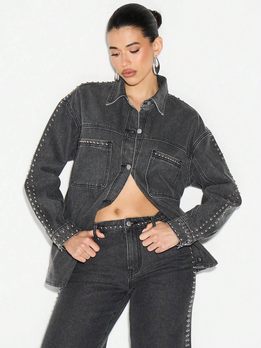 KIZN Áo sơ mi denim đính đinh tán cỡ lớn, chi tiết lỗ kim loại, tay dài, cài nút phía trước, cổ bẻ, phong cách đường phố sành điệu mùa thu đông - màu đen - Xem 1