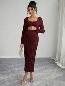 Momance 女士孕妇宽松方领罗纹喇叭下摆长袖针织毛衣连衣裙，舒适优雅 - 酒紅色 - 查看 1