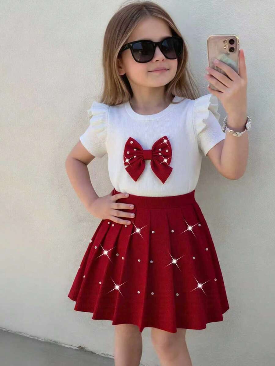 Elladie kids 2件套：女童甜美白色荷叶边袖珍珠蝴蝶结T恤+酒红色铆钉百褶裙，适合生日派对、春夏穿着 - 酒紅色 - 查看 1