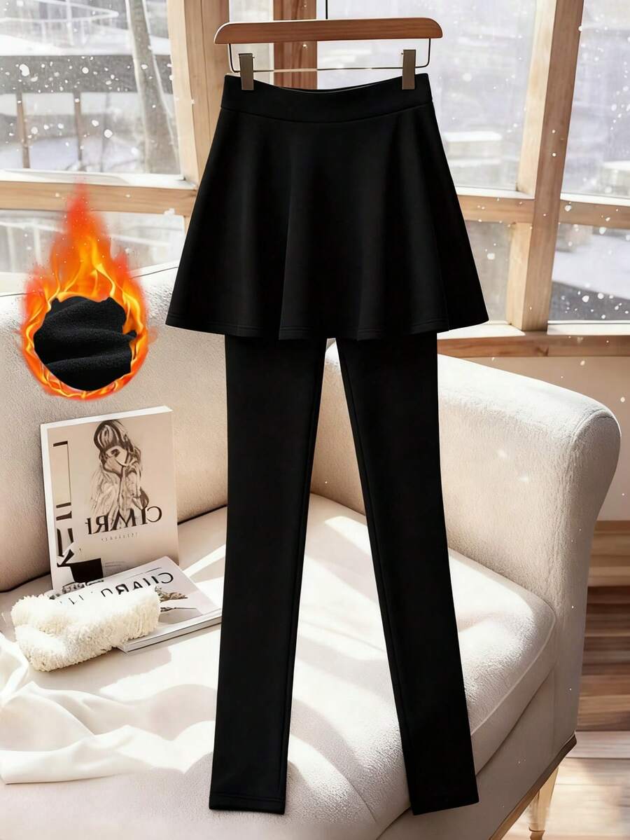 SHEIN Franclia 女士保暖内衬二合一打底裤裙，秋冬季 - 黑色 - 查看 1