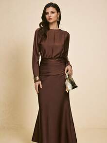 Poéselle Vestido de manga larga con cintura ceñida de unicolor elegante para mujeres - Marrón - Ver 5