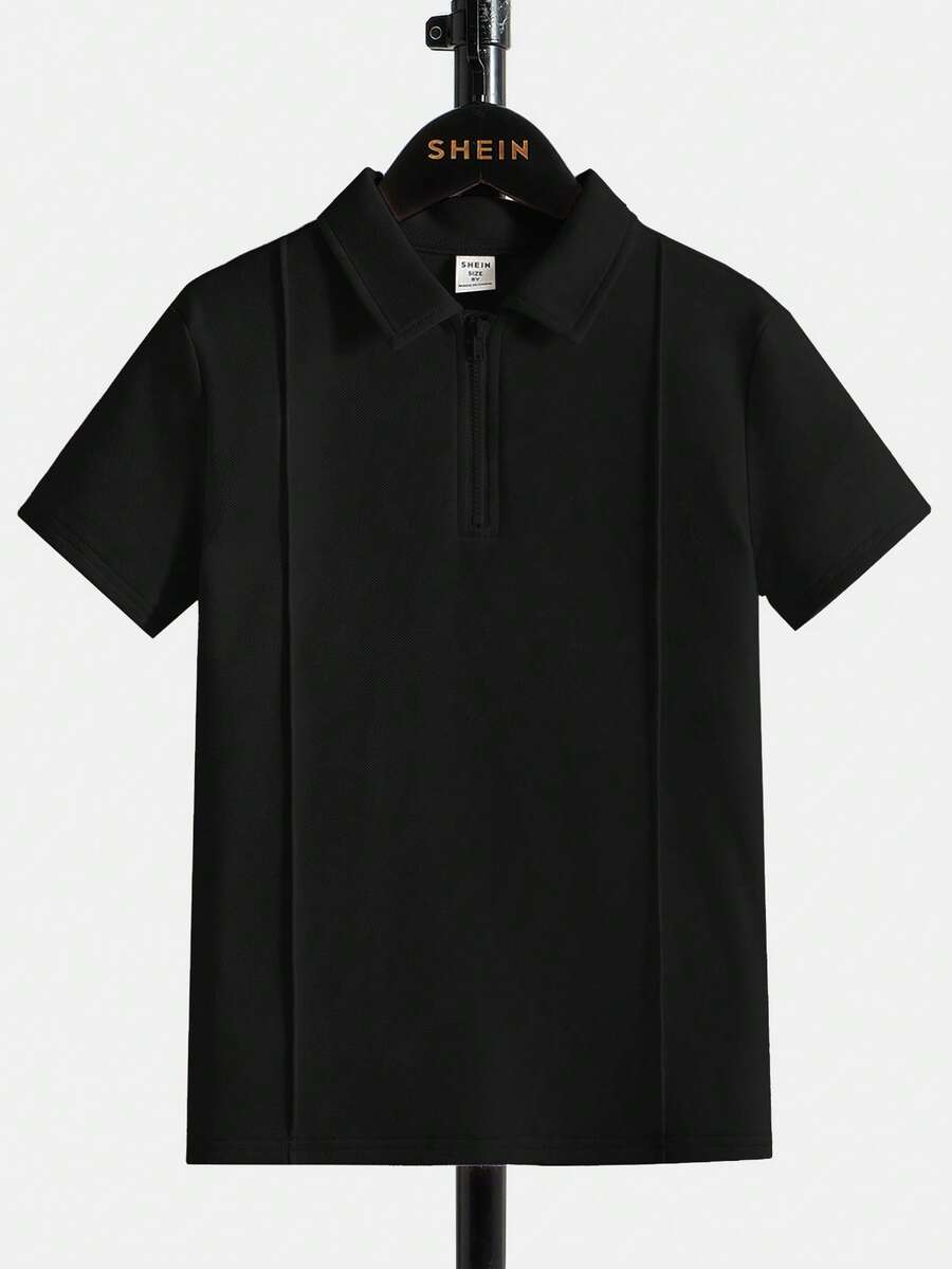 SHEIN 男童休闲纯色半拉链 Polo 衫 - 黑色 - 查看 1